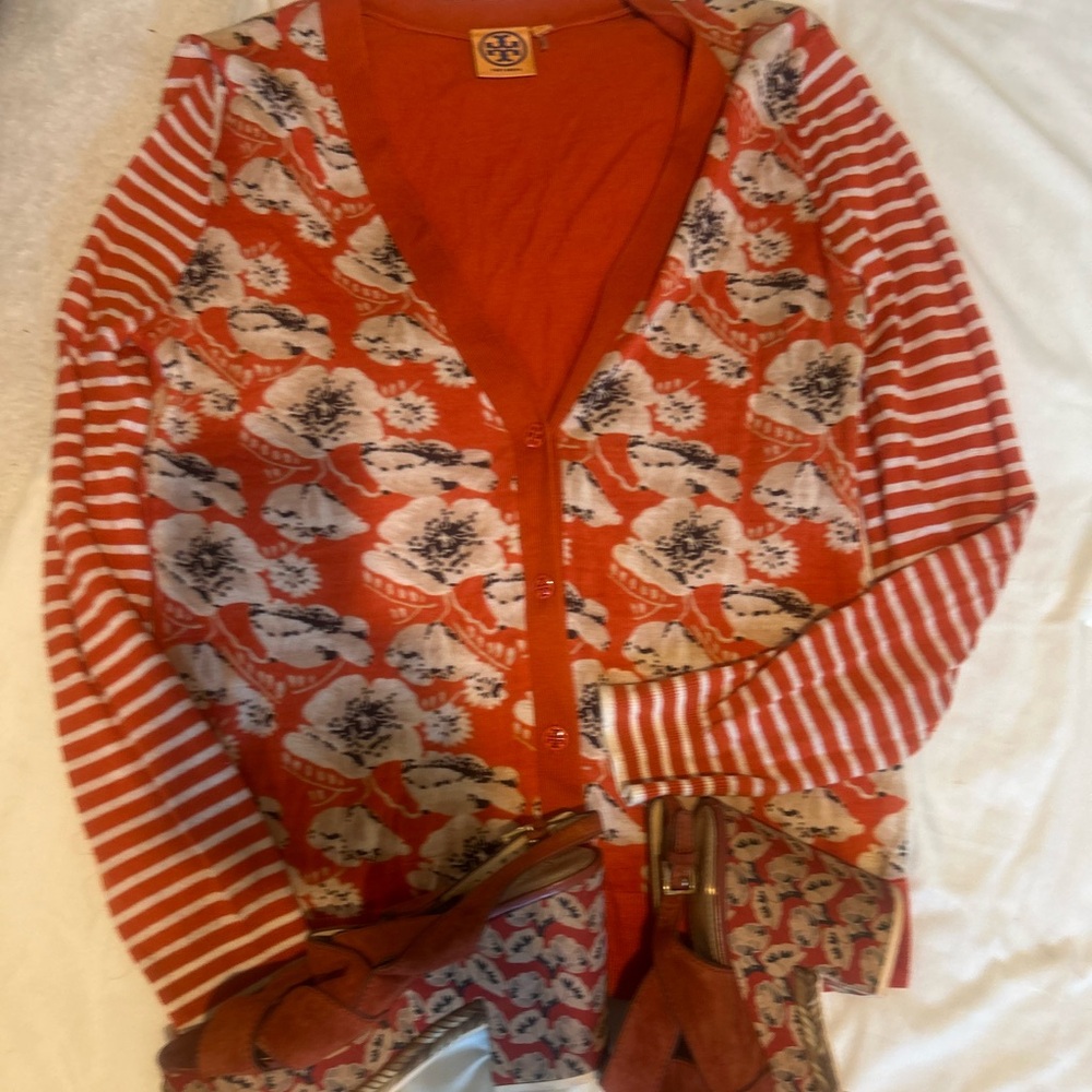 Tory Burch Red/Orange and White Floral heels and Cardigan